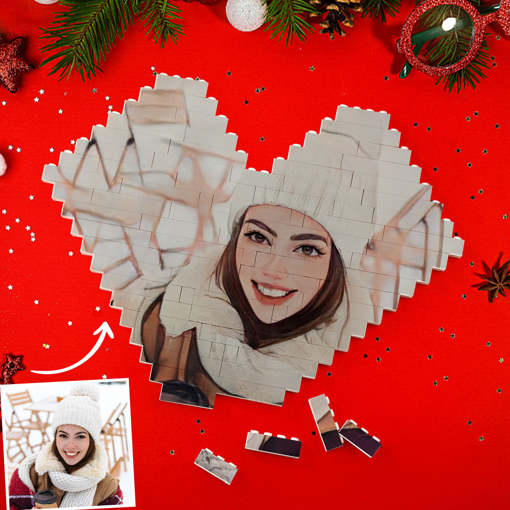 Personalised Building Brick Heart Custom Cartoon Photo Block Toy Christmas Gifts - 