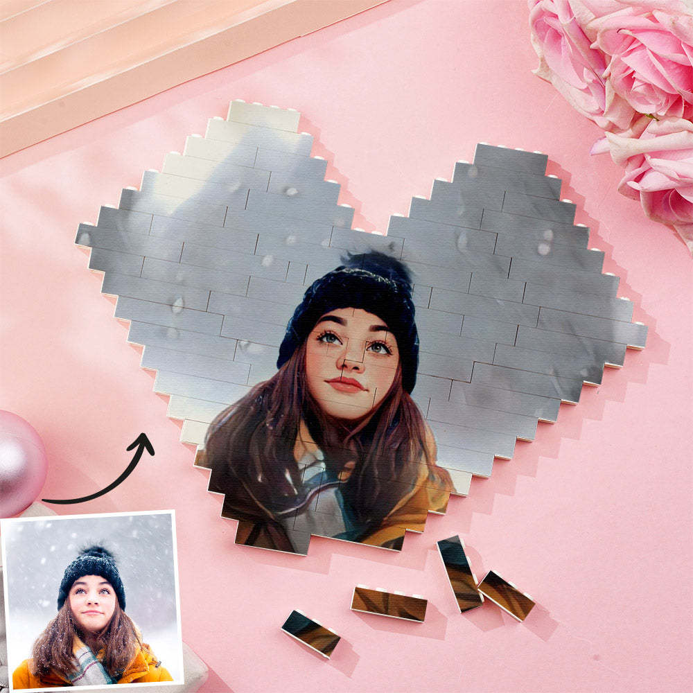 Personalised Building Brick Heart Custom Cartoon Photo Block Toy Christmas Gifts - 
