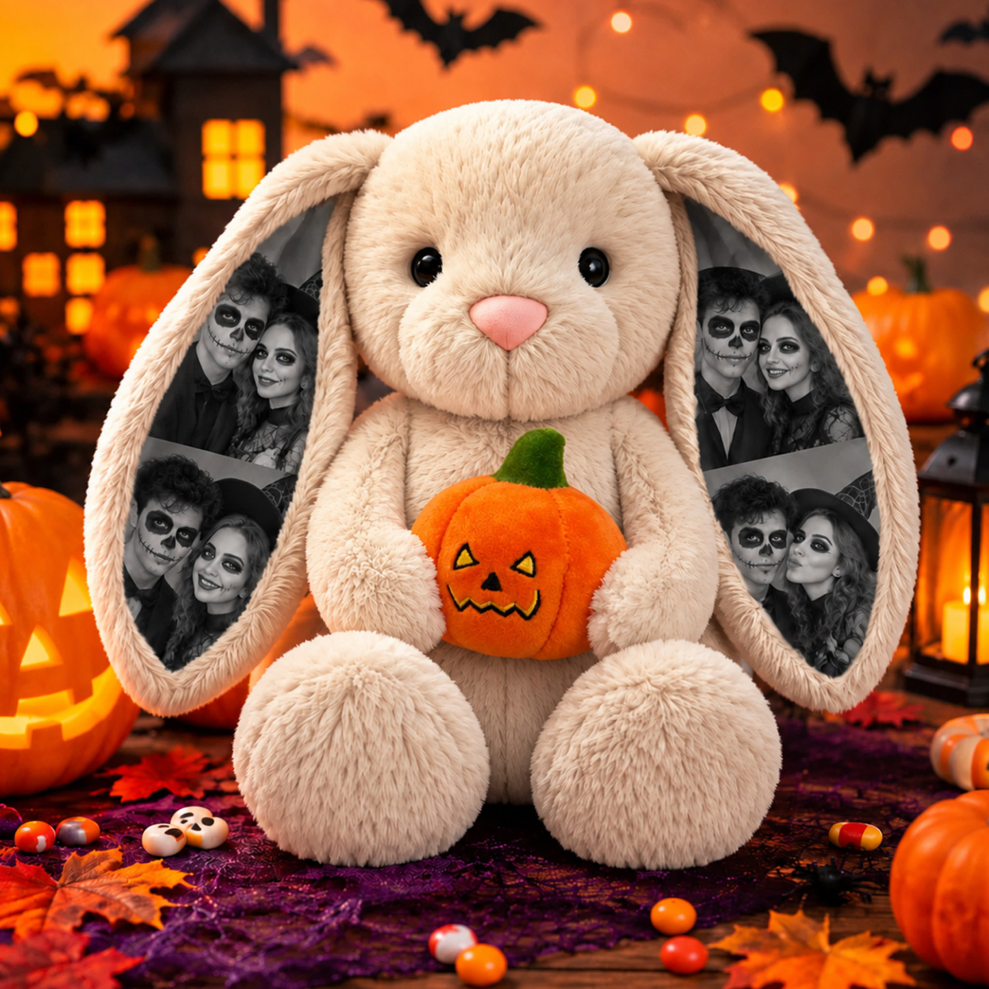 Custom Photo Halloween Plush Bunny, Personalized Photo Ears Rabbit Animal Stuffed Toy with Pumpkin & Witch Hat, Spooky Couple Gift for Halloween Decor - 