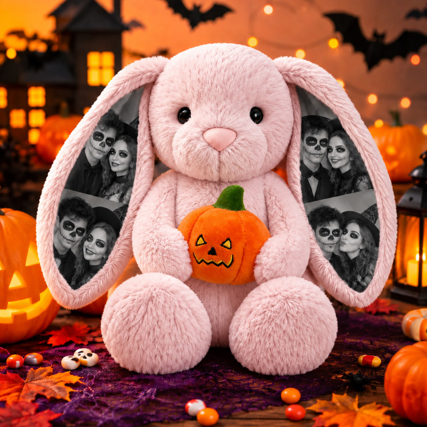 Custom Photo Halloween Plush Bunny, Personalized Photo Ears Rabbit Animal Stuffed Toy with Pumpkin & Witch Hat, Spooky Couple Gift for Halloween Decor - 
