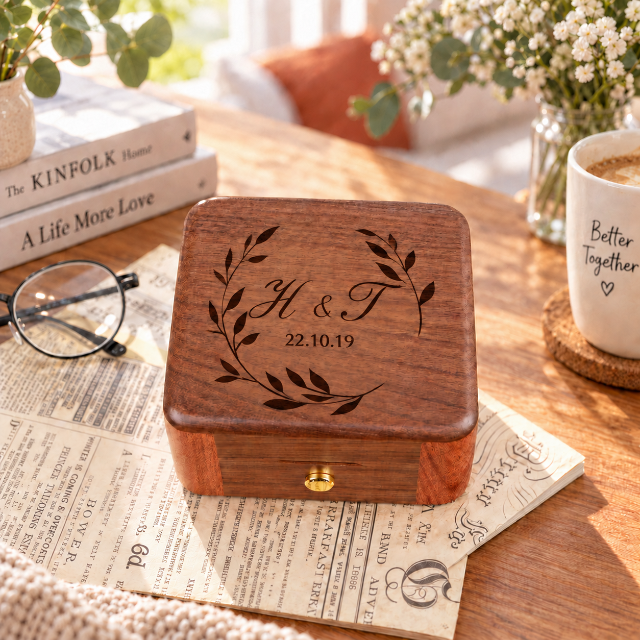 Personalized Wooden Record Player Music Box with Photo & Engraving - Perfect Anniversary & Wedding Gift for Couples - 