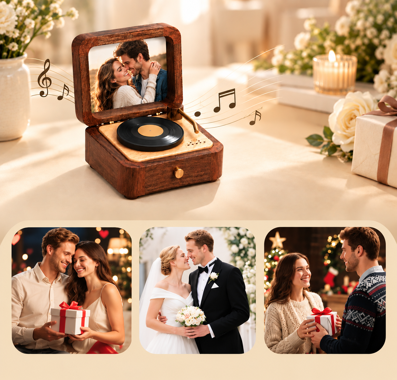 Personalized Wooden Record Player Music Box with Photo & Engraving - Perfect Anniversary & Wedding Gift for Couples - 