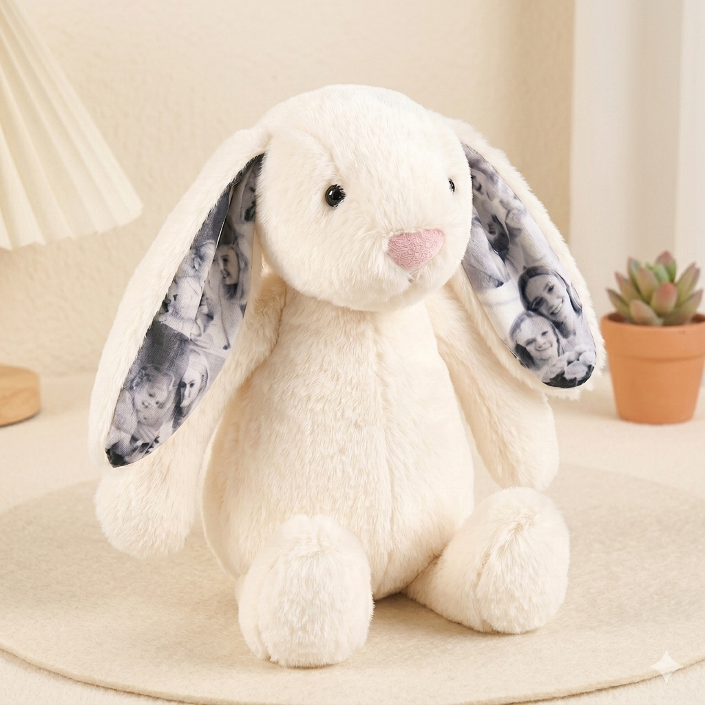 Custom Photo Bunny Plush – Personalized Hidden Ear Picture Bunny Gift for Couples  Anniversary Mother's Day Gifts