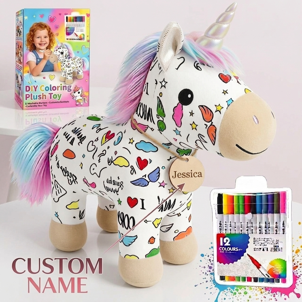 Coloring Plush Toy with Washable Markers for Kids - DIY Drawing Your Own Animal Doodle Dolls