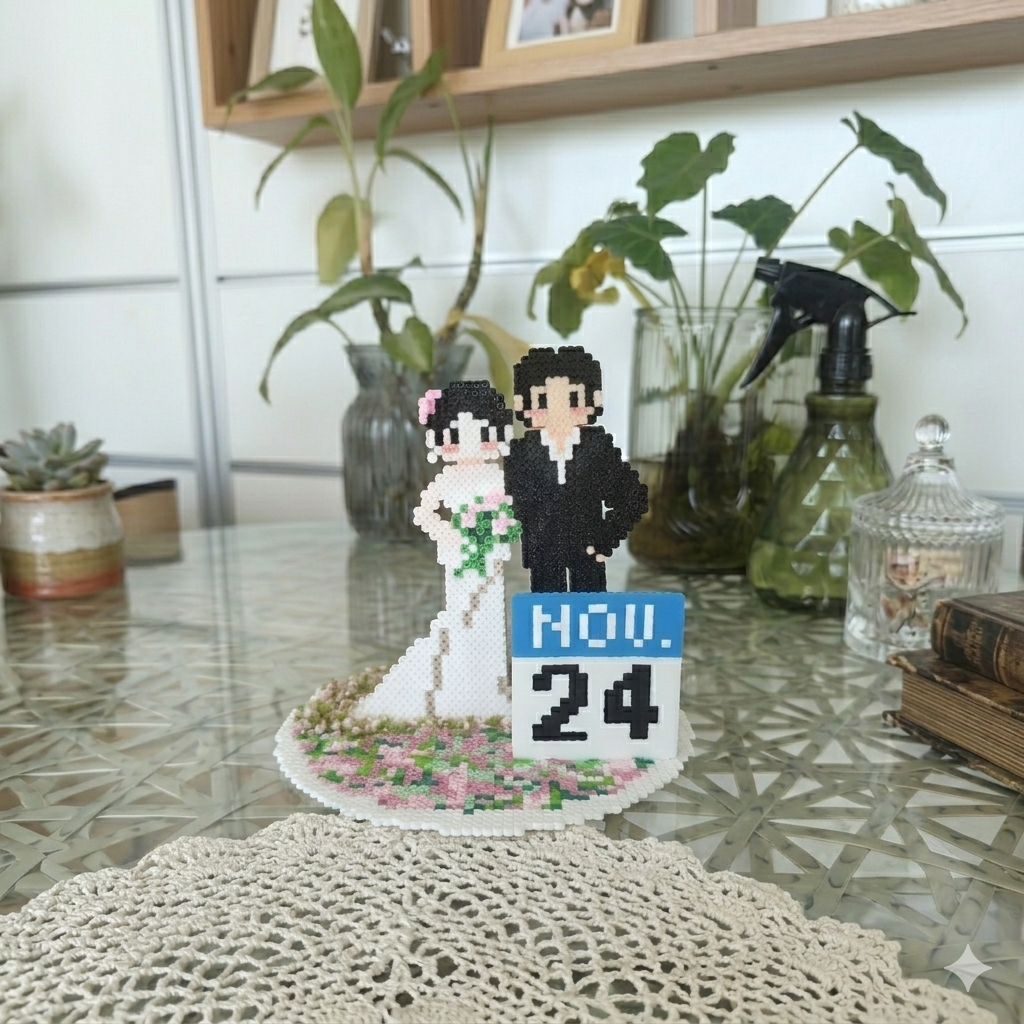 Handmade Perler Bead Wedding Couple Figurine – Custom Date, Double Happiness, Keepsake Decor