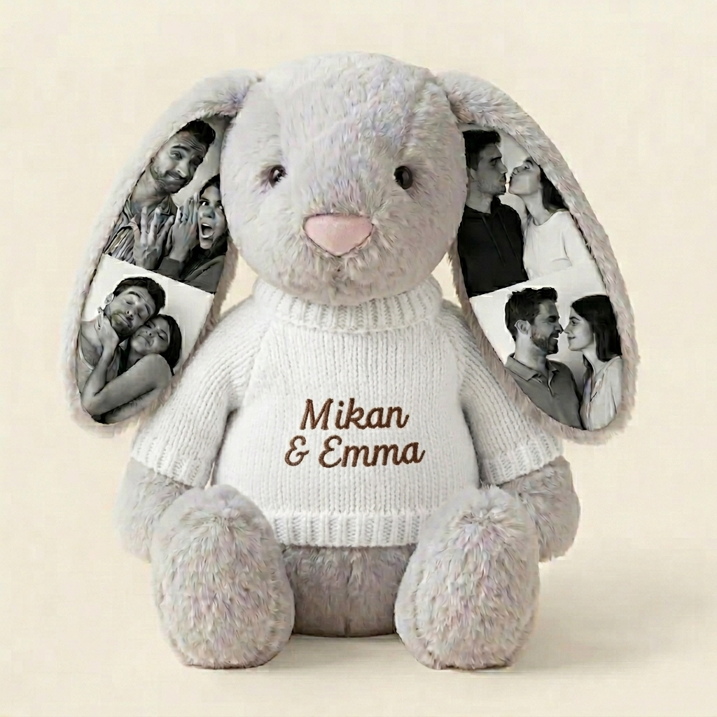 Custom Photo Bunny Plush – Personalized Hidden Ear Picture Bunny Gift for Couples Anniversary