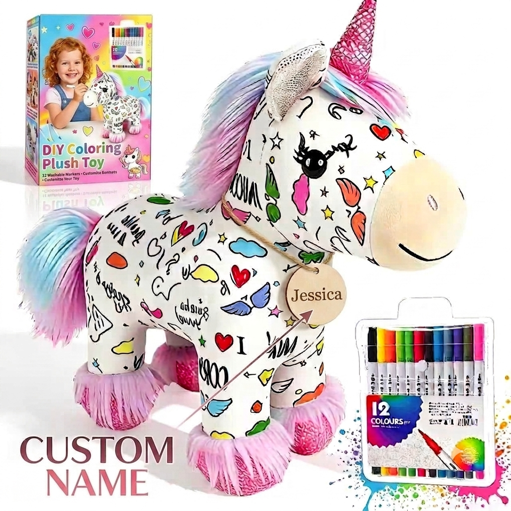 Coloring Plush Toy with Washable Markers for Kids - DIY Drawing Your Own Animal Doodle Dolls