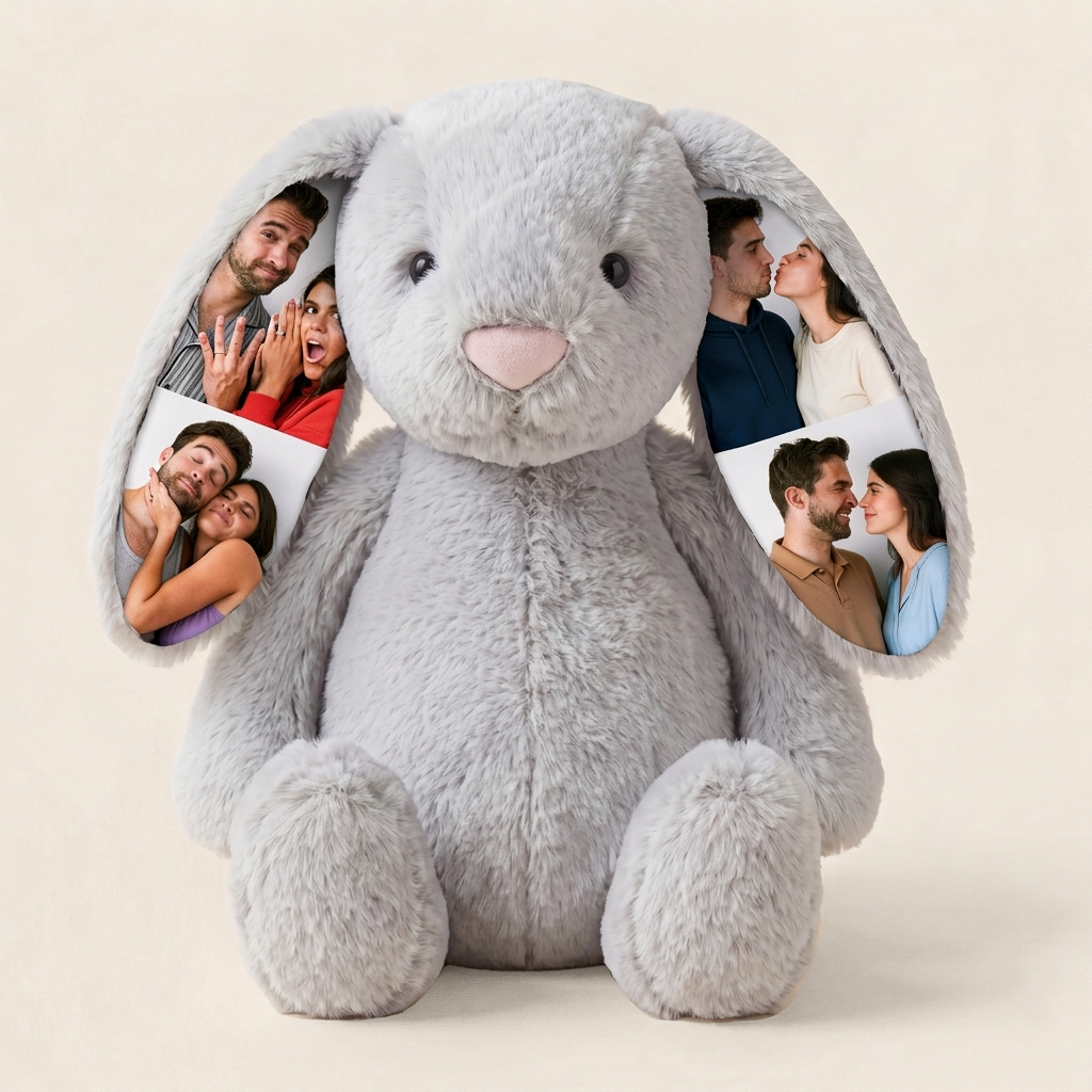 Custom Photo Bunny Plush – Personalized Hidden Ear Picture Bunny Gift for Couples Anniversary Gifts