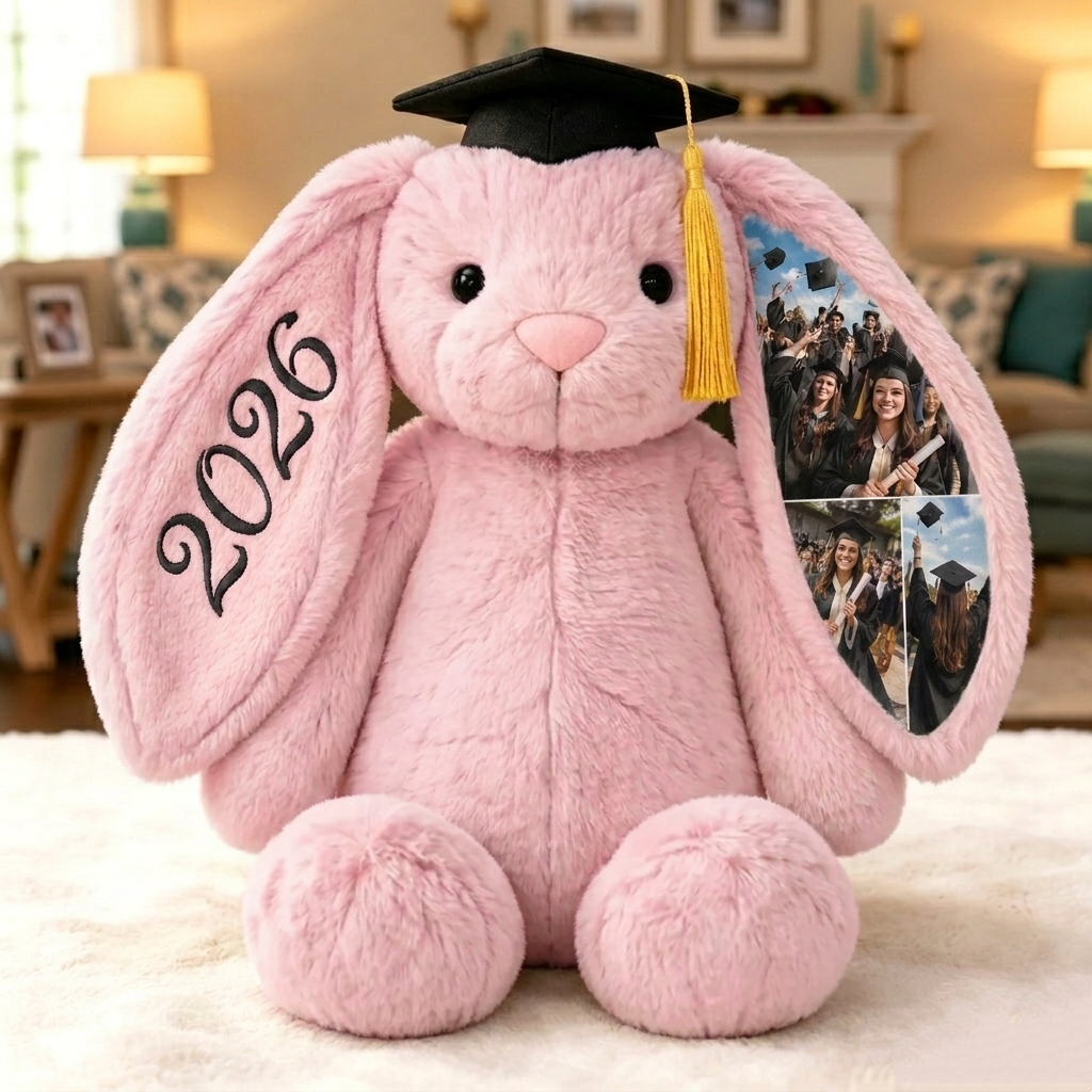 Custom Photo Bunny Plush, Personalized Hidden Ear Memory Bunny with Graduation Cap, Class of 2026 Gift - 