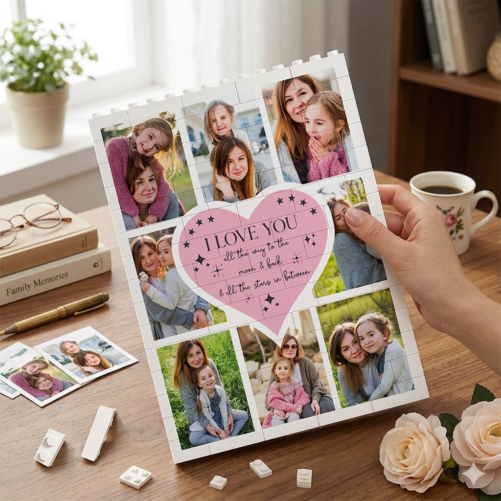 Personalized Heart Photo Brick Puzzle Custom To the Moon & Back Building Blocks Multi-Photo Collage Keepsake Gift for Mom Anniversary Decor Bricks - 