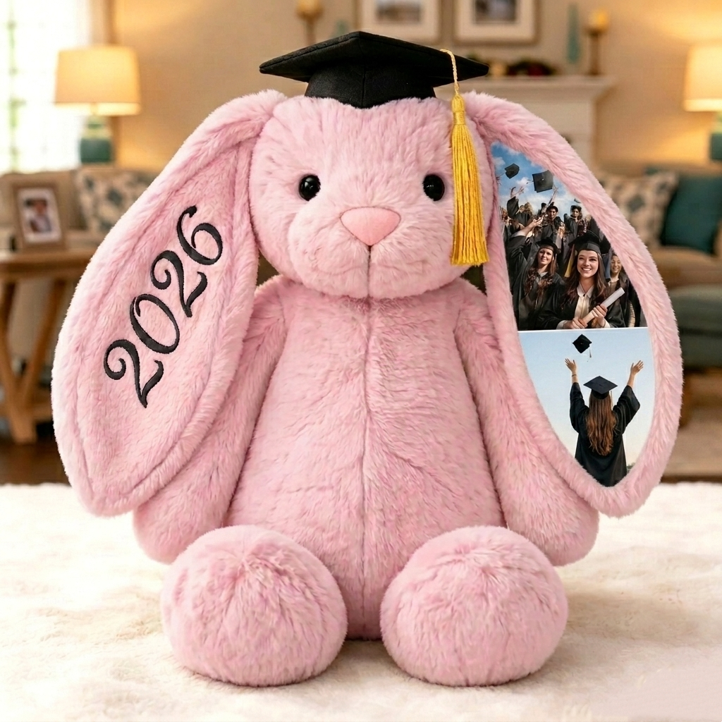 Custom Photo Bunny Plush, Personalized Hidden Ear Memory Bunny with Graduation Cap, Class of 2026 Gift - 