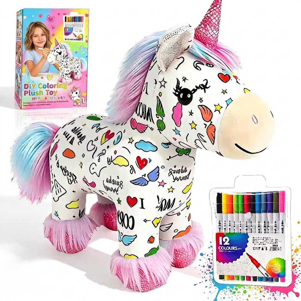 Coloring Plush Toy with Washable Markers for Kids - DIY Drawing Your Own Animal Doodle Dolls