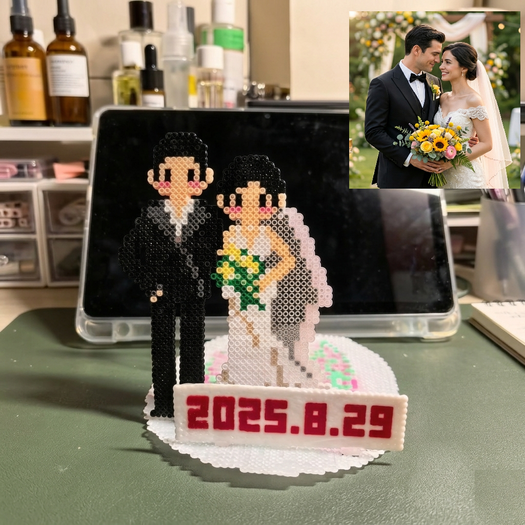 Handmade Perler Bead Wedding Couple Figurine – Custom Date, Double Happiness, Keepsake Decor