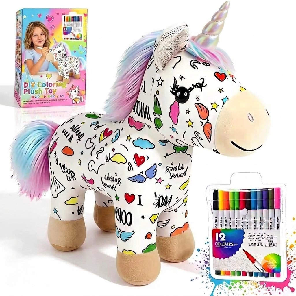 Coloring Plush Toy with Washable Markers for Kids - DIY Drawing Your Own Animal Doodle Dolls