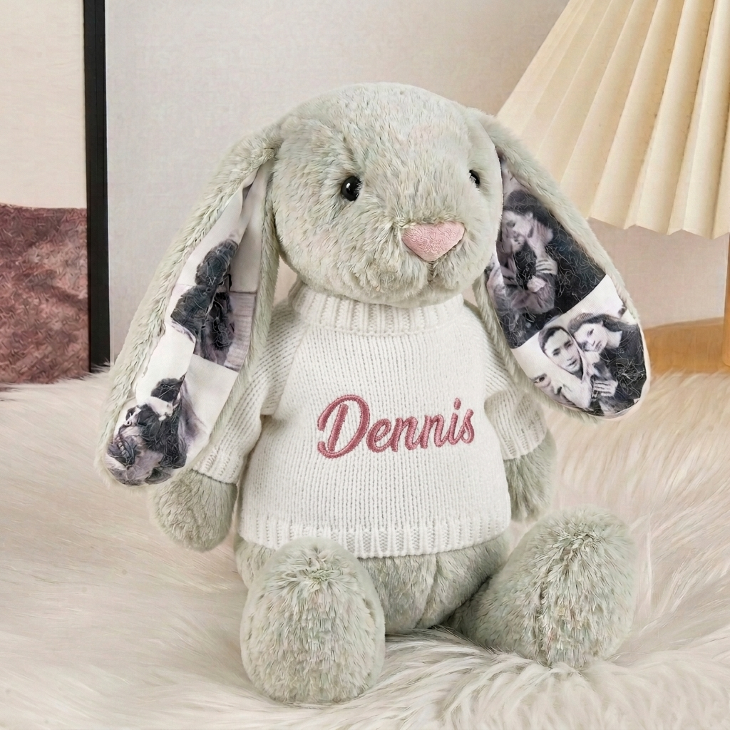 Custom Photo Bunny Plush – Personalized Hidden Ear Picture Bunny Gift for Couples Anniversary Gifts