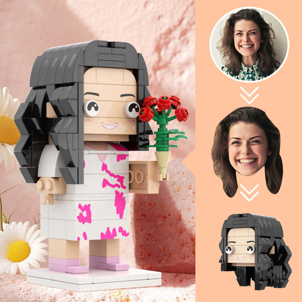 Gift For Mom Customizable Head Brick Figures Gentle mother holding flowers in hand - minebrickus