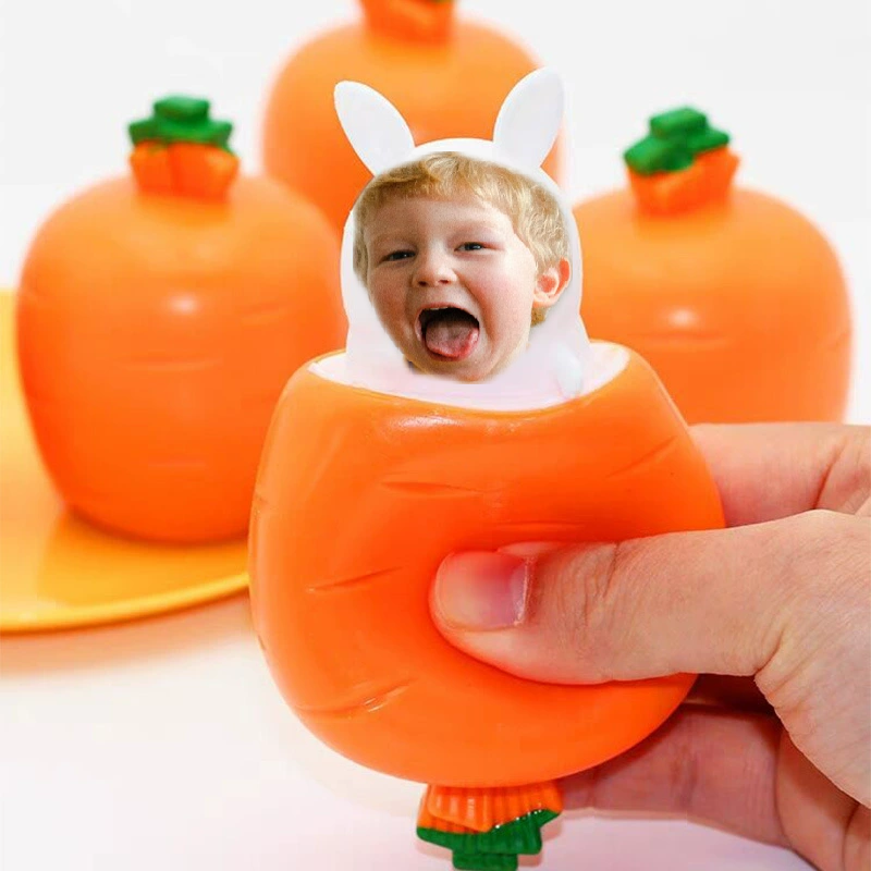 Custom Photo Printed Squishy Stress Relief Pop-Up Carrot Toy – Personalized Face Squeeze Toy, Soft Fidget Toy, Funny Anxiety Relief Gift