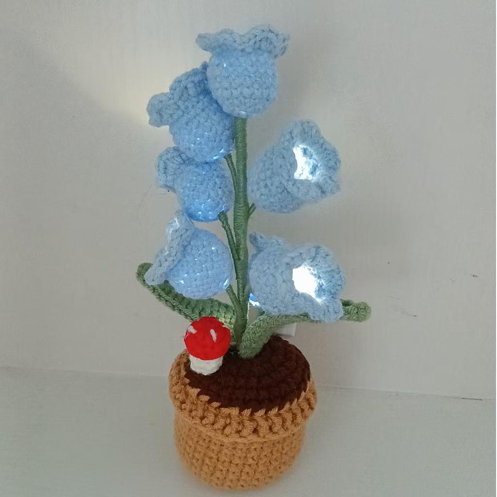 LED Light Crocheted Lily of the Valley - Glowing Potted Knit Flower Home Ambiance Decor - 