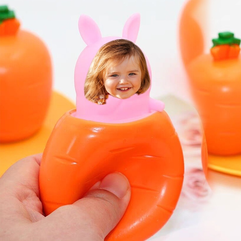 Custom Photo Printed Squishy Stress Relief Pop-Up Carrot Toy – Personalized Face Squeeze Toy, Soft Fidget Toy, Funny Anxiety Relief Gift