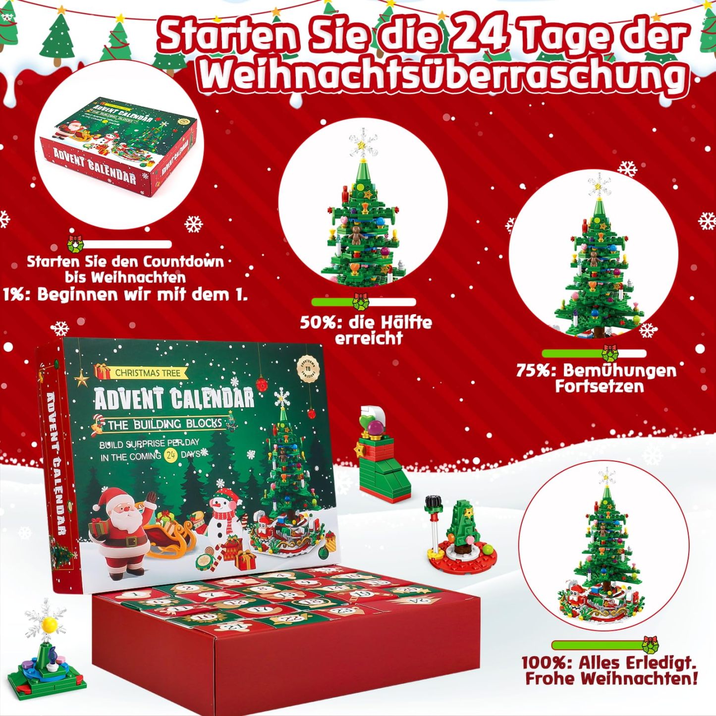 Advent Calendar 2025 Kids for Christmas Tree Building Toy with LED Light Mini Building Blocks,Christmas Countdown 24 in 1 Blocks Toy 701 Pcs,Christmas Building Blocks Toy Gift for Adult Boys and Girls - 