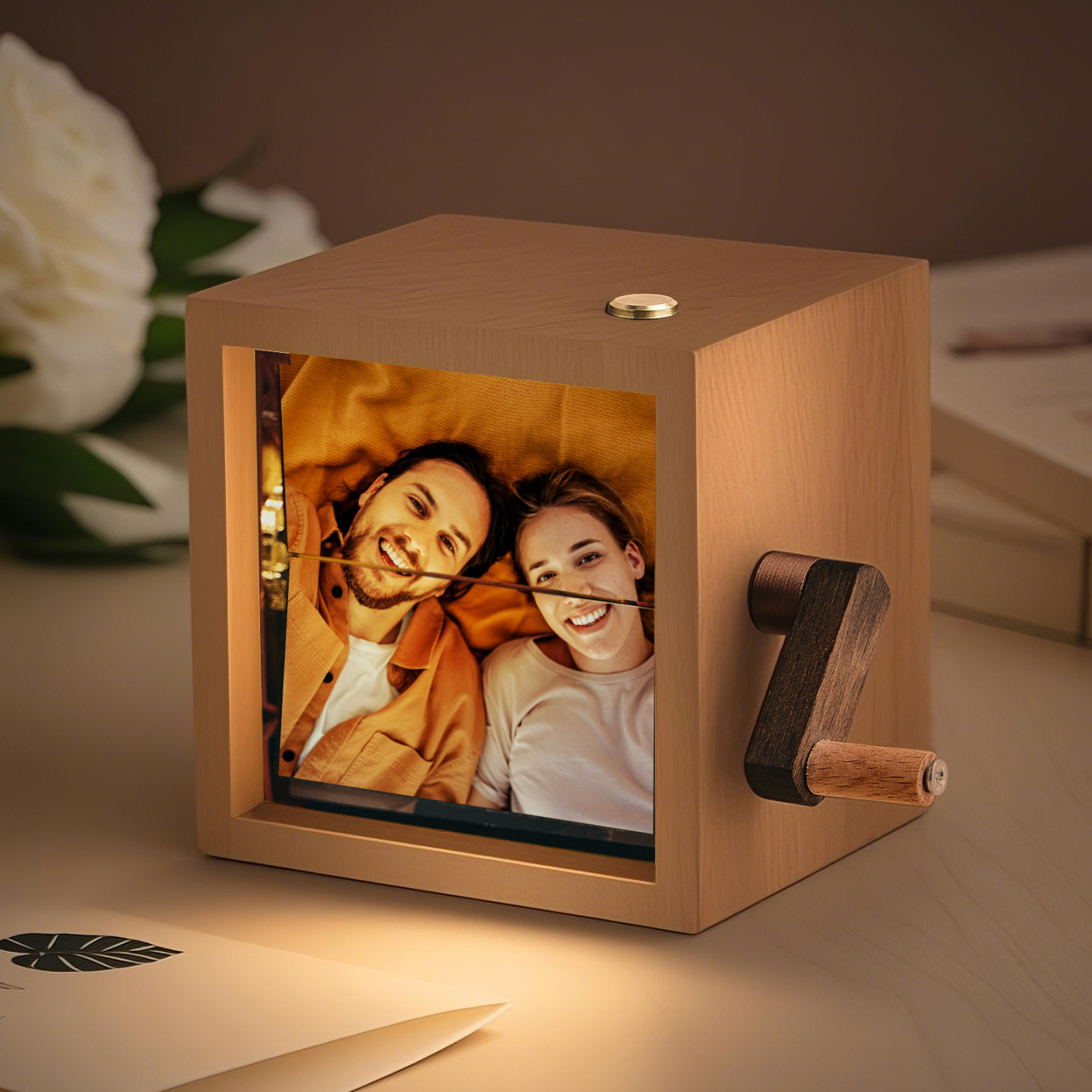 Personalized Flipbook Photo Album Custom Wooden Hand-Crank Cube with Soft Light Gift For Family - 