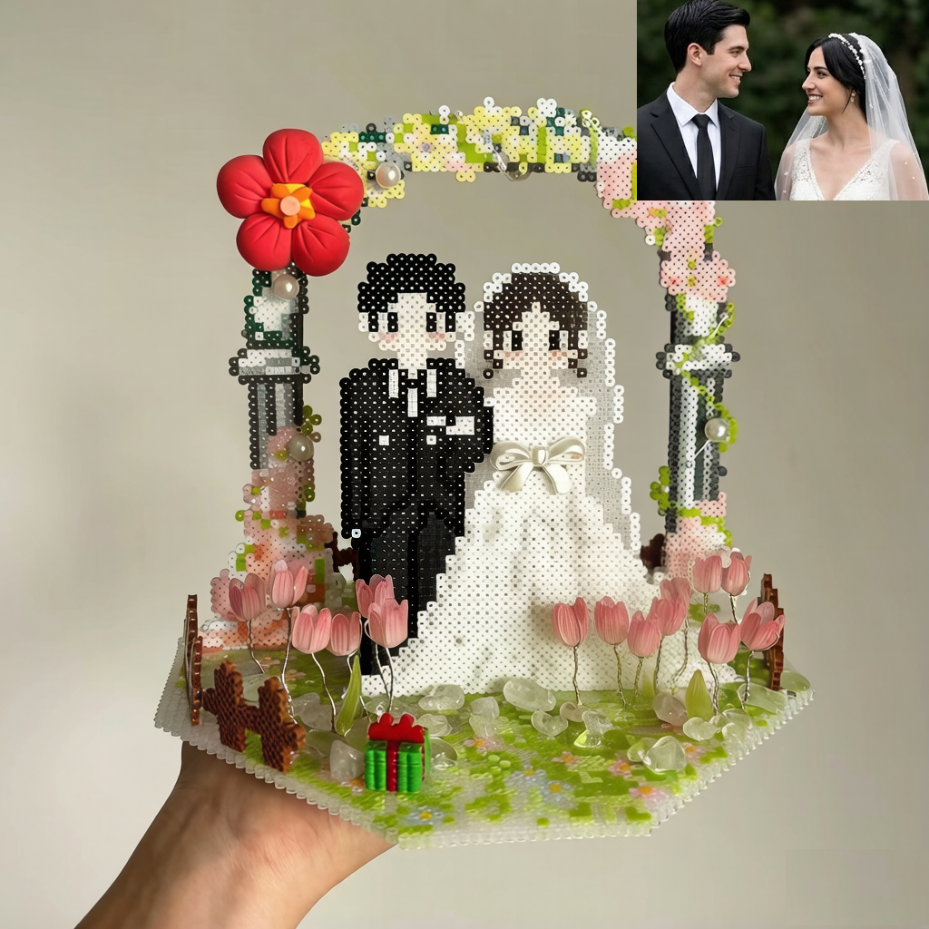 Handmade Perler Bead Wedding Couple Figurine – Custom Date, Double Happiness, Keepsake Decor