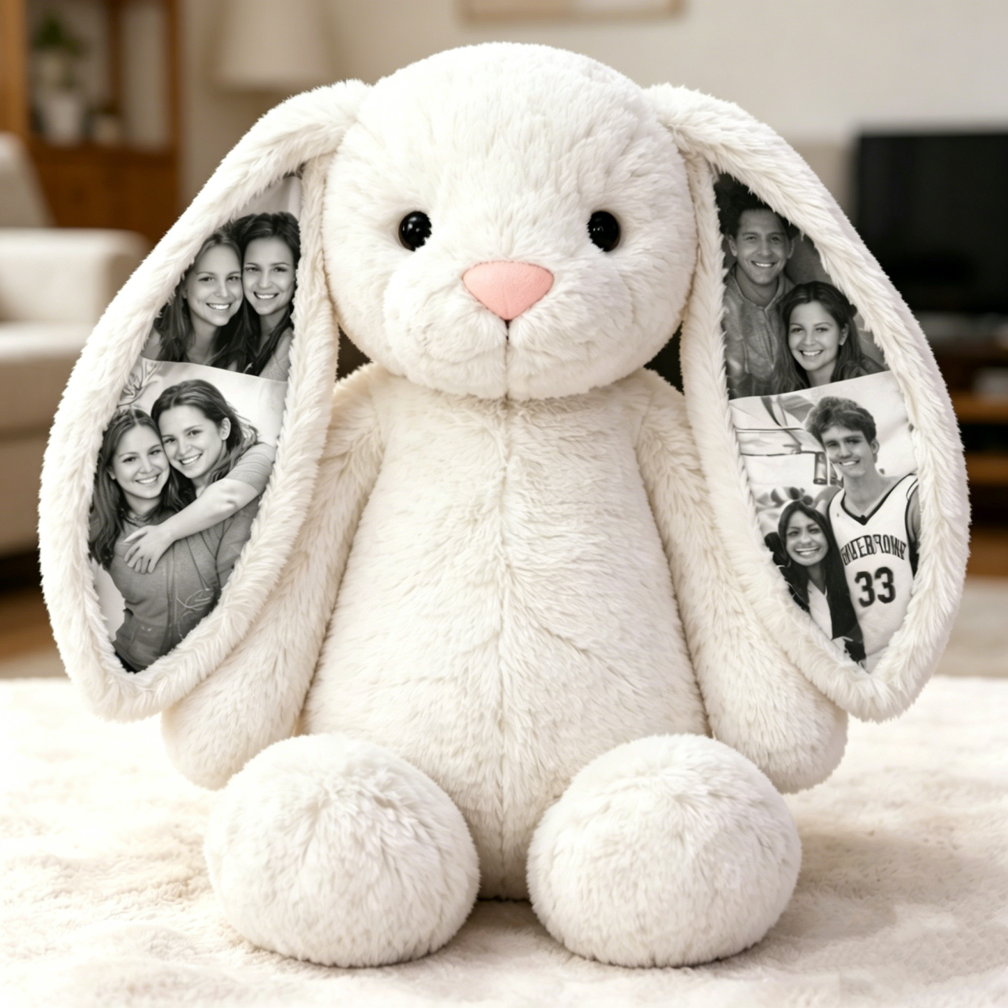 Custom Photo Bunny Plush – Personalized Hidden Ear Picture Bunny Gift for Couples  Anniversary Mother's Day Gifts