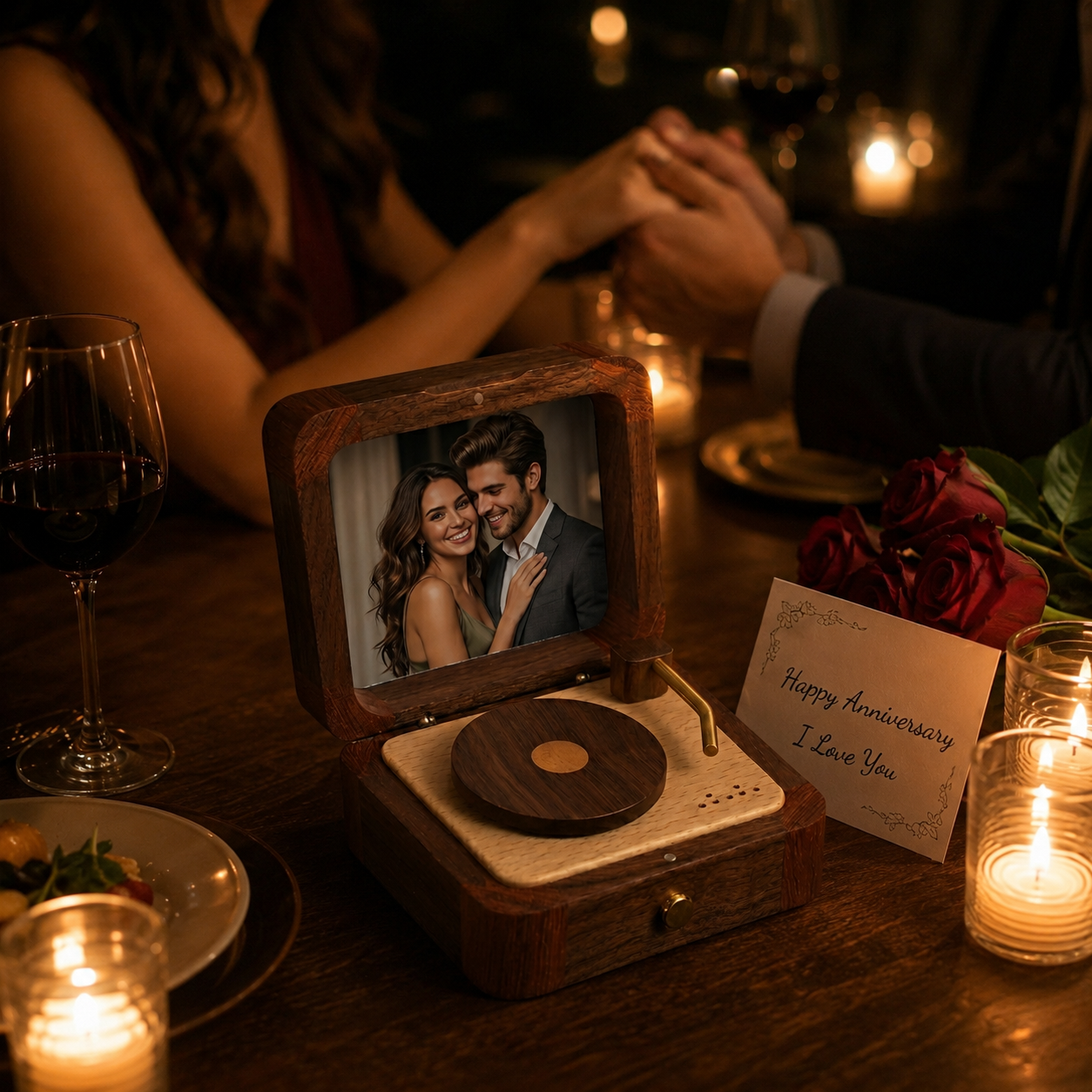 Personalized Wooden Record Player Music Box with Photo & Engraving - Perfect Anniversary & Wedding Gift for Couples - 