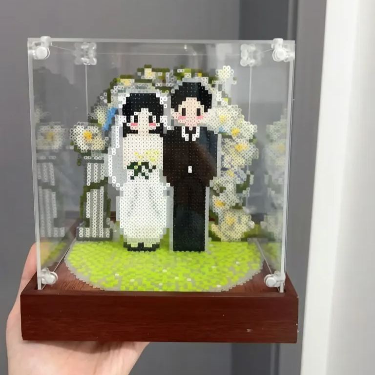 Handmade Perler Bead Wedding Couple Figurine – Custom Date, Double Happiness, Keepsake Decor