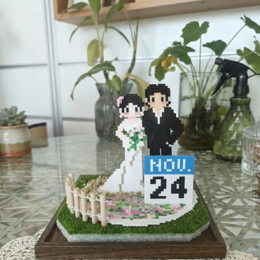 Handmade Perler Bead Wedding Couple Figurine – Custom Date, Double Happiness, Keepsake Decor
