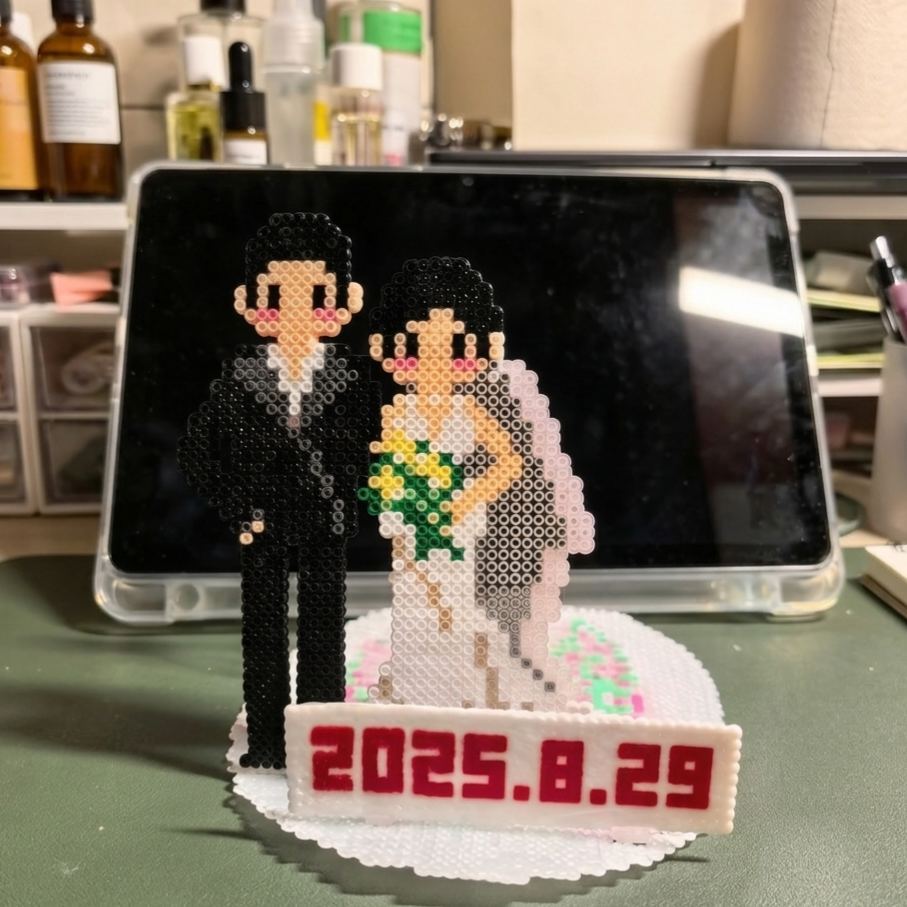 Handmade Perler Bead Wedding Couple Figurine – Custom Date, Double Happiness, Keepsake Decor