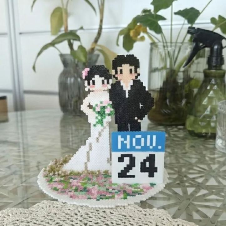 Handmade Perler Bead Wedding Couple Figurine – Custom Date, Double Happiness, Keepsake Decor