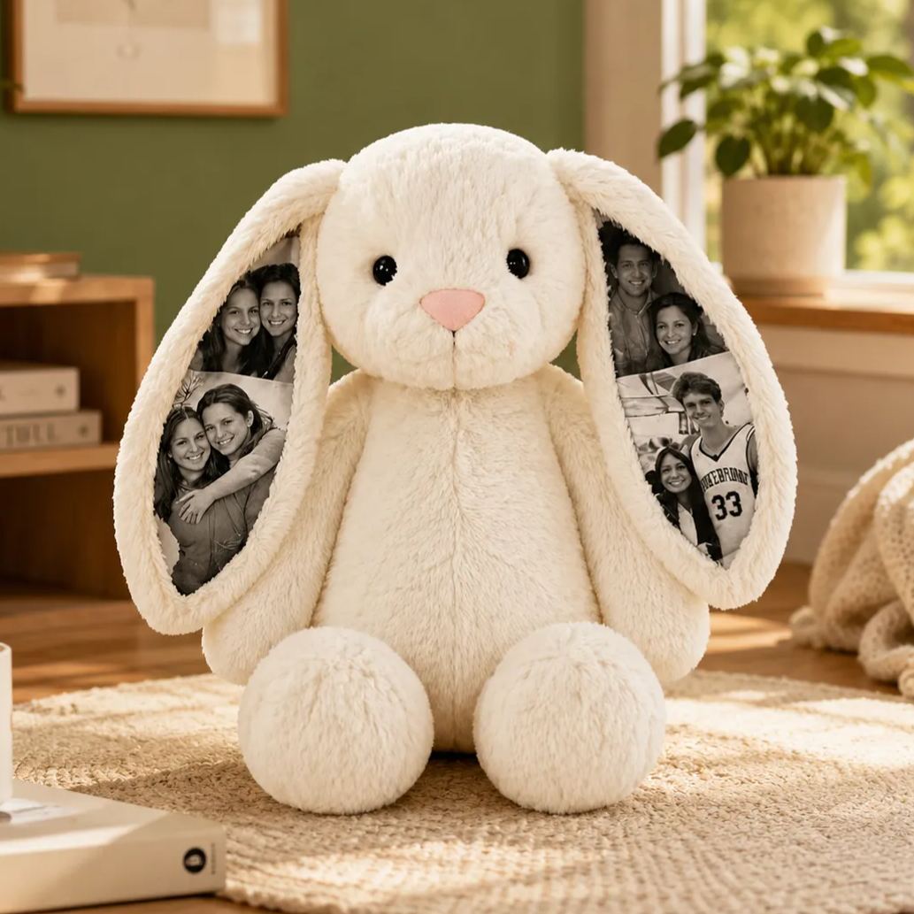 Custom Photo Bunny Plush – Personalized Hidden Ear Picture Bunny Gift for Couples Anniversary Gifts