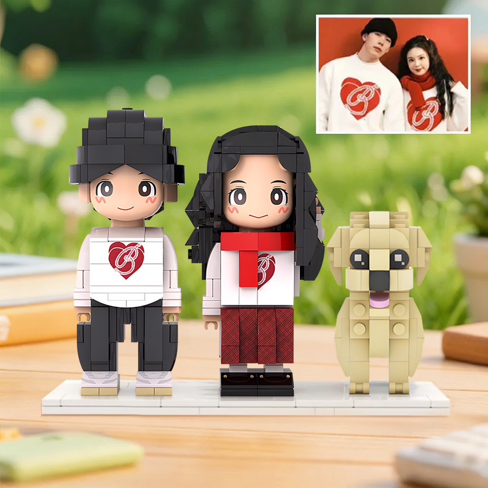 Custom Duddu Brick Figures 2 People and Cute Dog Brick Figures Personalized Full Body Anniversary Gift