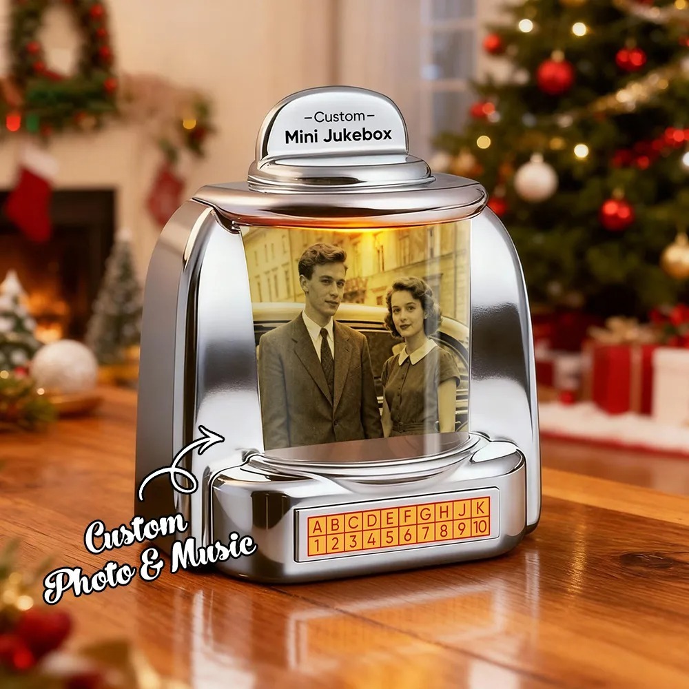 Custom Jukebox Retro Speaker – Personalized Photo,Names & Date Music Mini Player with Radio | Vintage Tabletop Home Decor Nostalgic Gift - 