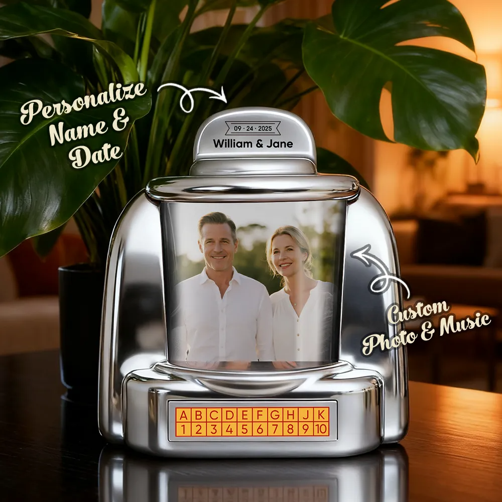 Custom Jukebox Retro Speaker – Personalized Photo,Names & Date Music Mini Player with Radio | Vintage Tabletop Home Decor Nostalgic Gift - 