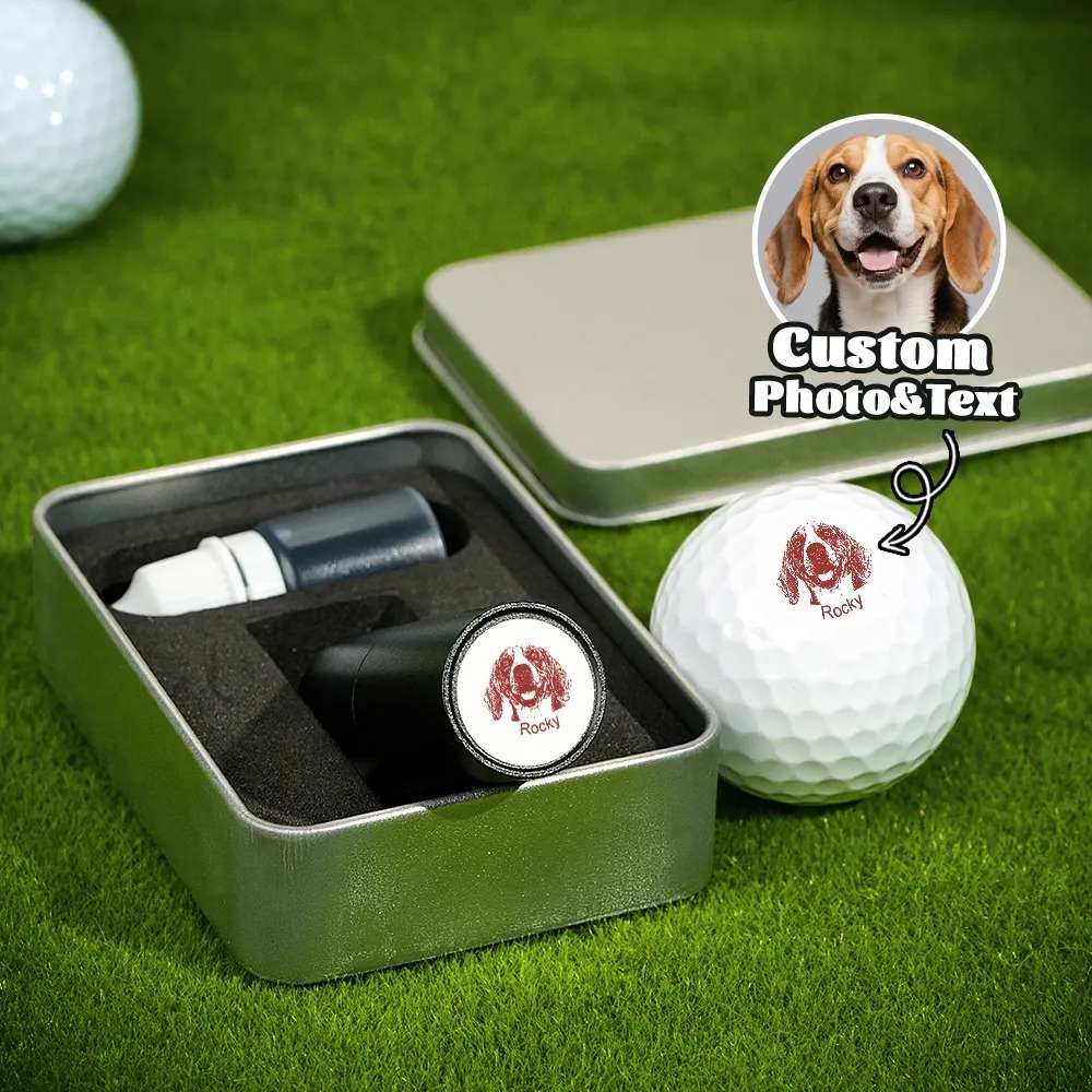 Personalized Dog Cat Pet Portrait Photo Golf Ball Self-inking Stamp with Metal Storage Box and Name Birthday Gift for Golf Players Pet Lovers