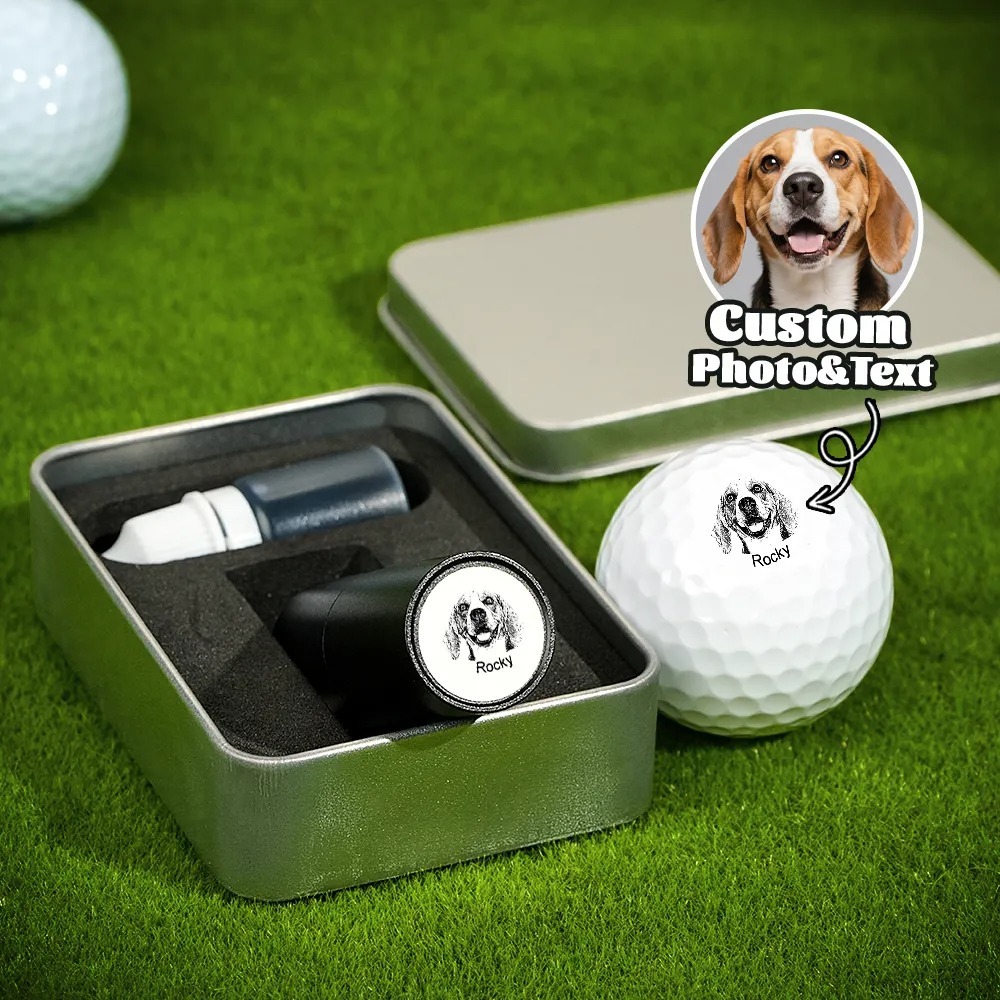 Personalized Dog Cat Pet Portrait Photo Golf Ball Self-inking Stamp with Metal Storage Box and Name Birthday Gift for Golf Players Pet Lovers