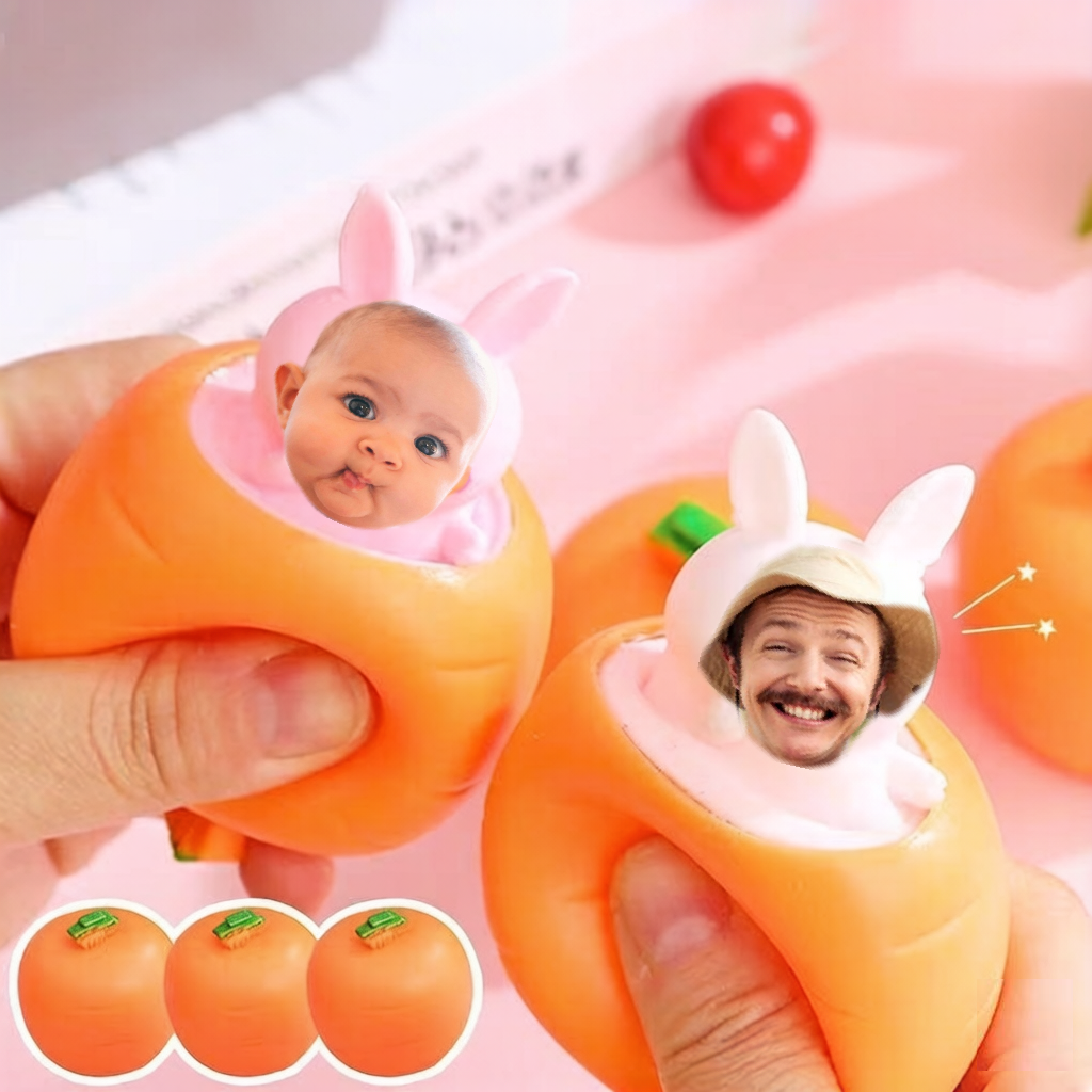 Custom Photo Printed Squishy Stress Relief Pop-Up Carrot Toy – Personalized Face Squeeze Toy, Soft Fidget Toy, Funny Anxiety Relief Gift