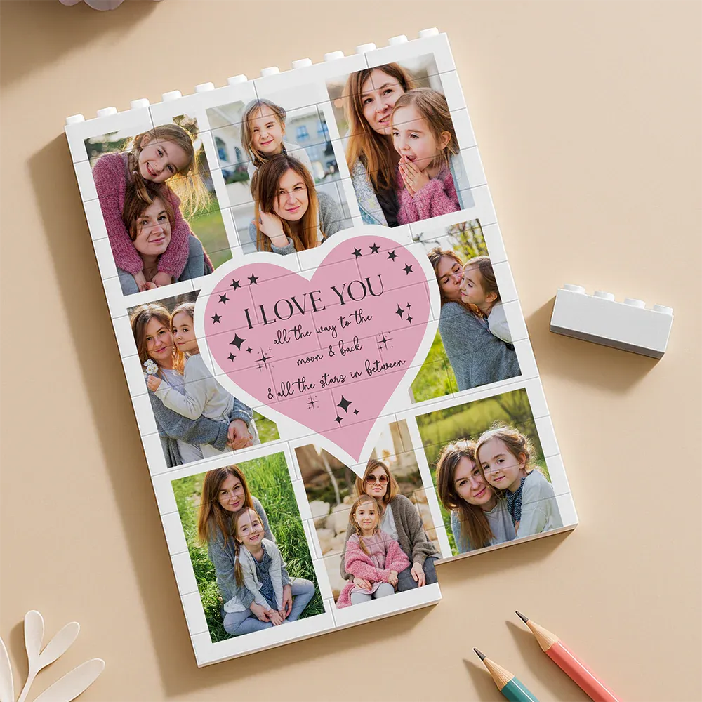 Personalized Heart Photo Brick Puzzle Custom To the Moon & Back Building Blocks Multi-Photo Collage Keepsake Gift for Mom Anniversary Decor Bricks - 