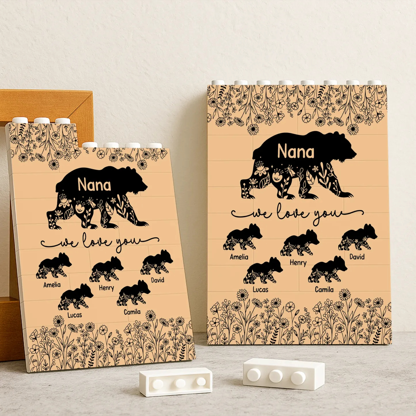 Personalized Mama Bear Building Block Puzzle Custom Name Flower Bear Bricks Mothers Day Gift for Grandma Family Keepsake Home Decor - 