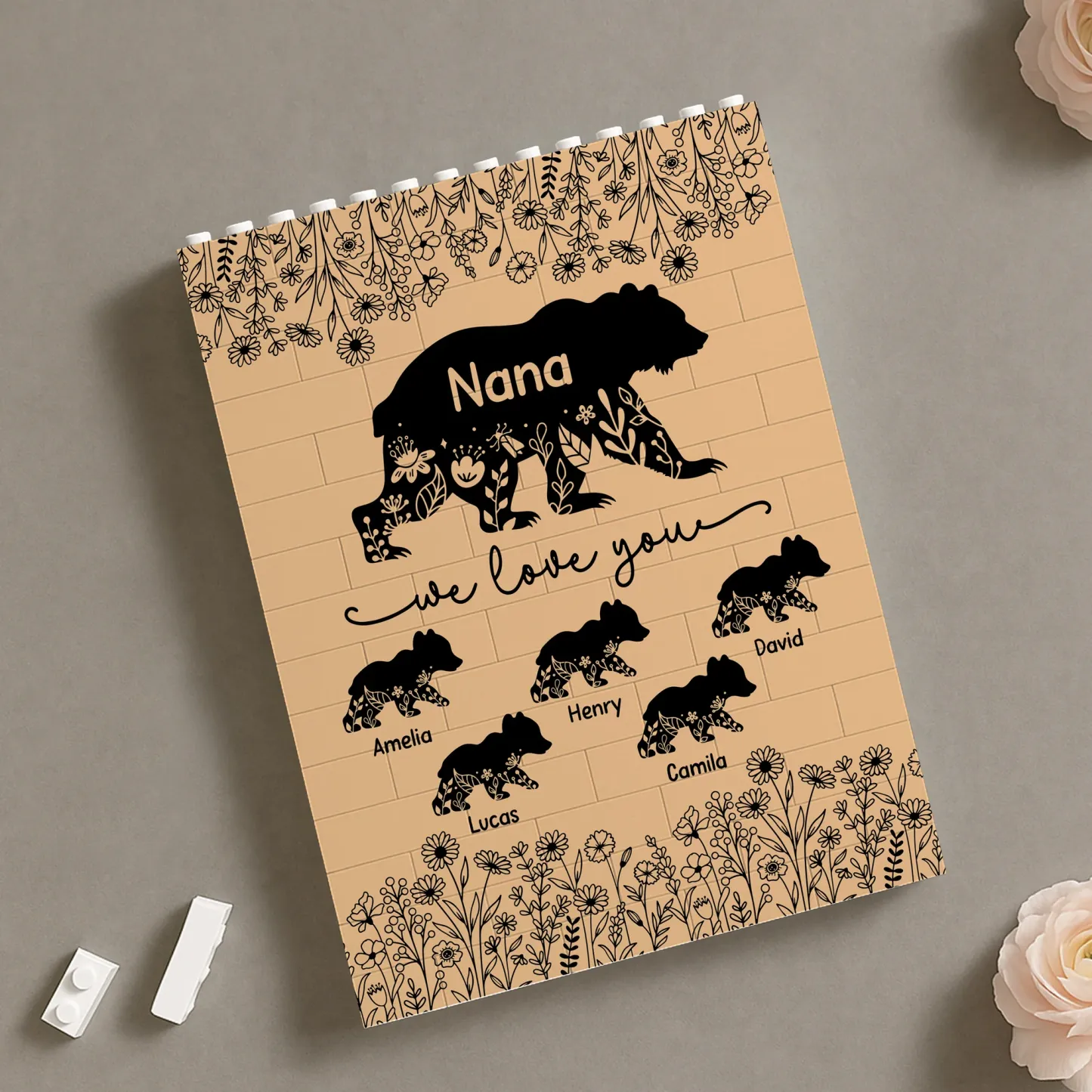 Personalized Mama Bear Building Block Puzzle Custom Name Flower Bear Bricks Mothers Day Gift for Grandma Family Keepsake Home Decor - 