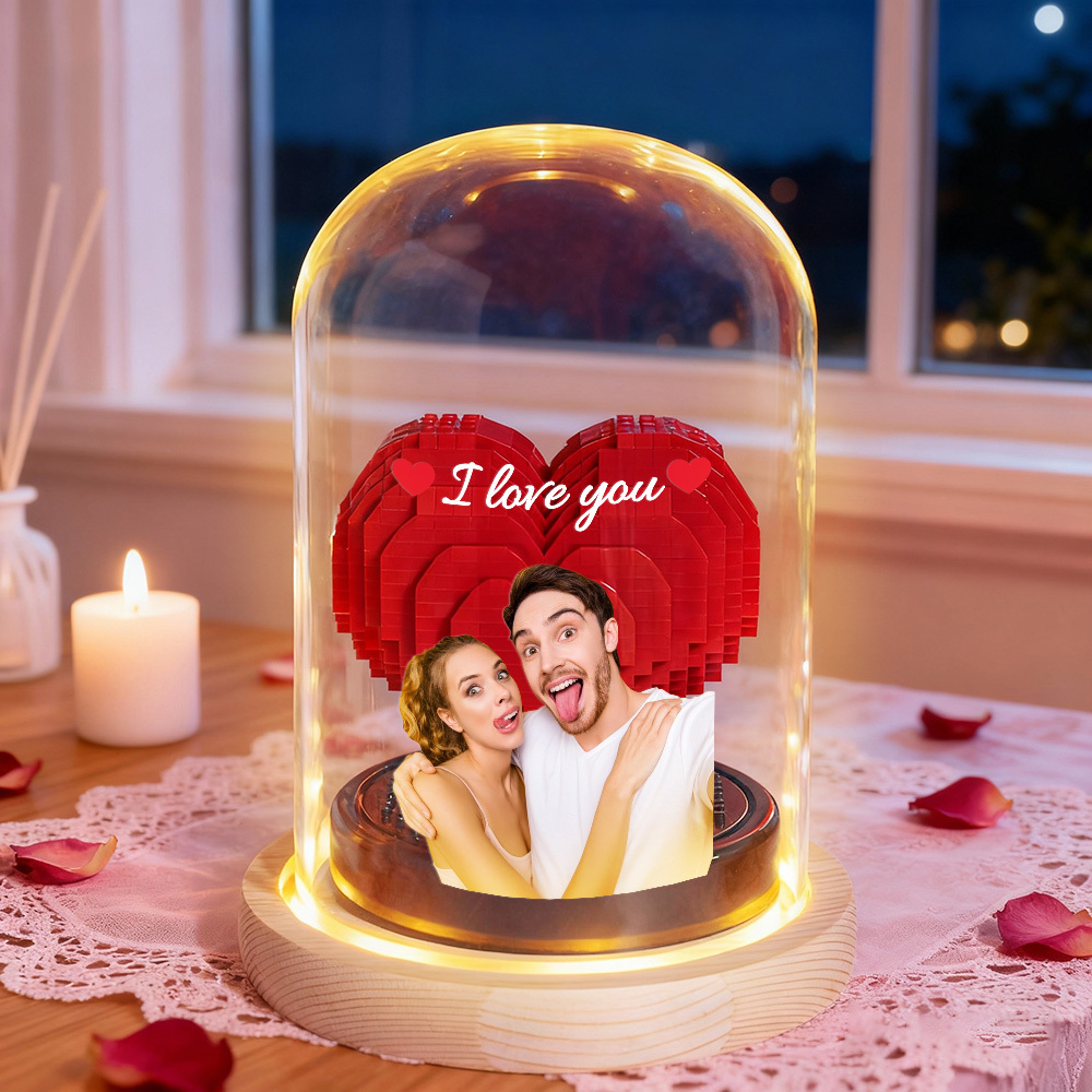 Custom Photo Love Building Block Night Ligh Toy Creative DIY Christmas Gift Assembling With Luminous Glass Cover, Gift For Sisters/Couples/Family