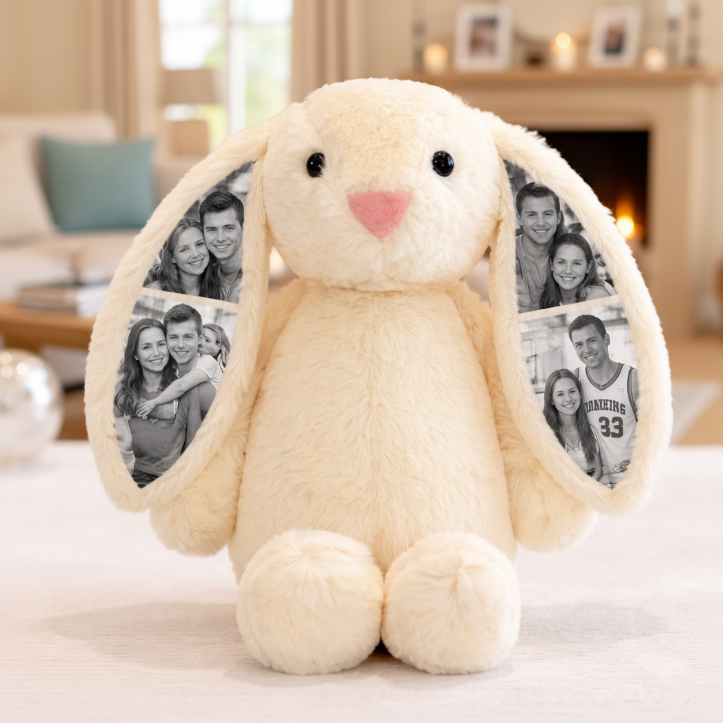 Custom Photo Bunny Plush – Personalized Hidden Ear Picture Bunny Gift for Couples  Anniversary Mother's Day Gifts