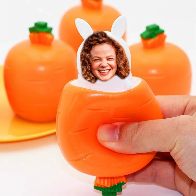 Custom Photo Printed Squishy Stress Relief Pop-Up Carrot Toy – Personalized Face Squeeze Toy, Soft Fidget Toy, Funny Anxiety Relief Gift