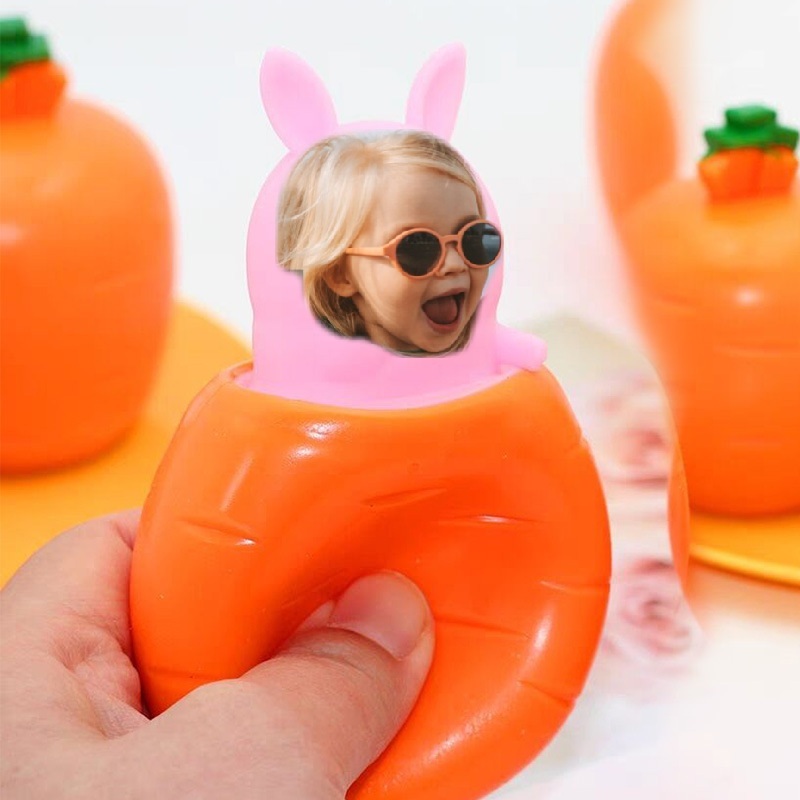 Custom Photo Printed Squishy Stress Relief Pop-Up Carrot Toy – Personalized Face Squeeze Toy, Soft Fidget Toy, Funny Anxiety Relief Gift