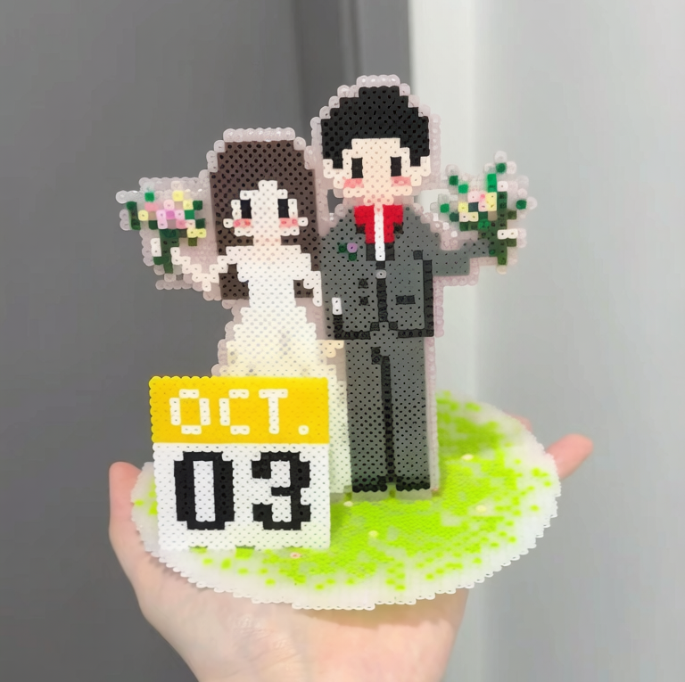 Handmade Perler Bead Wedding Couple Figurine – Custom Date, Double Happiness, Keepsake Decor