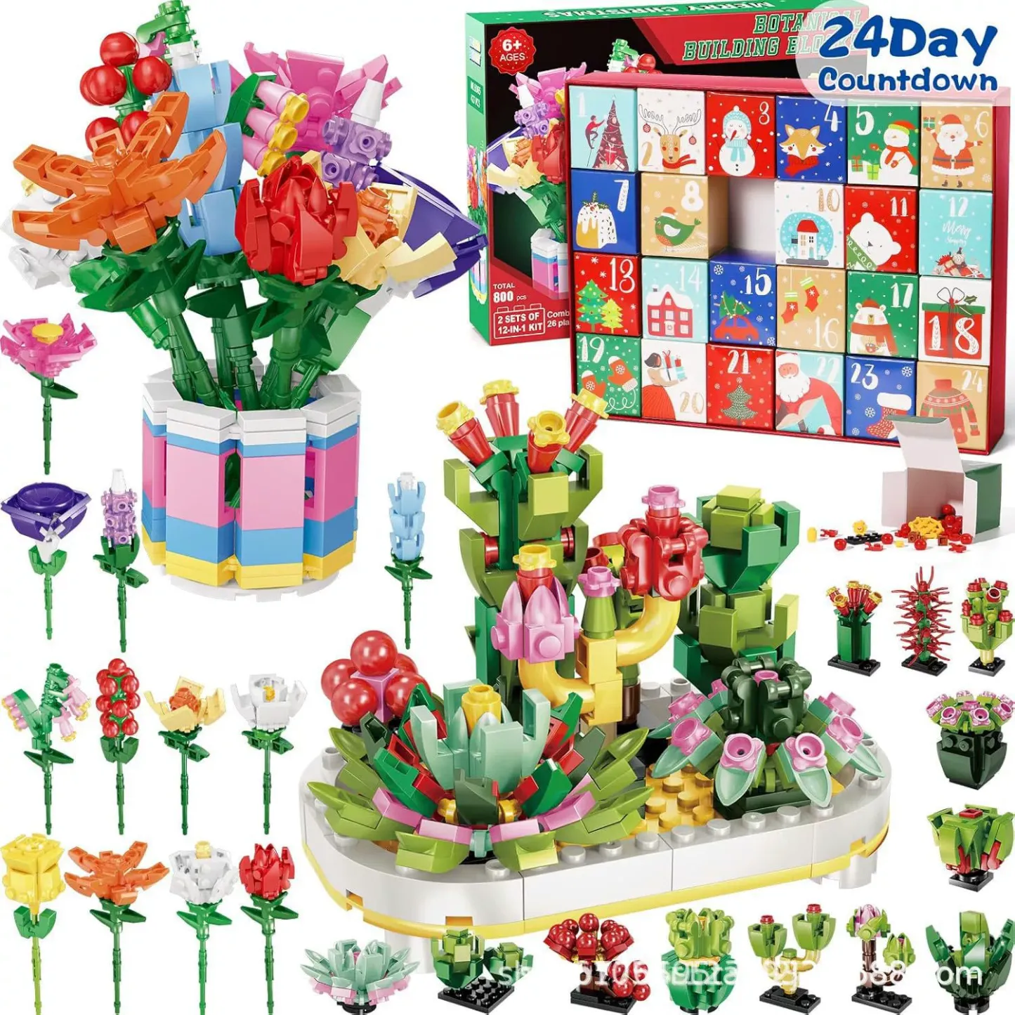 Flower Bouquet Advent Calendar Building Blocks – Christmas Countdown Blind Box - 