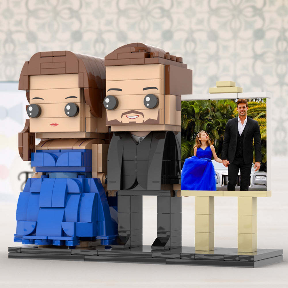Full Body Customizable 2 People Dad And His Daughter In Perfect Blue Dress Photo Frame Personalized Custom Brick Figures Small Particle Block Toy Personalized For Father's Day - minebrickuk