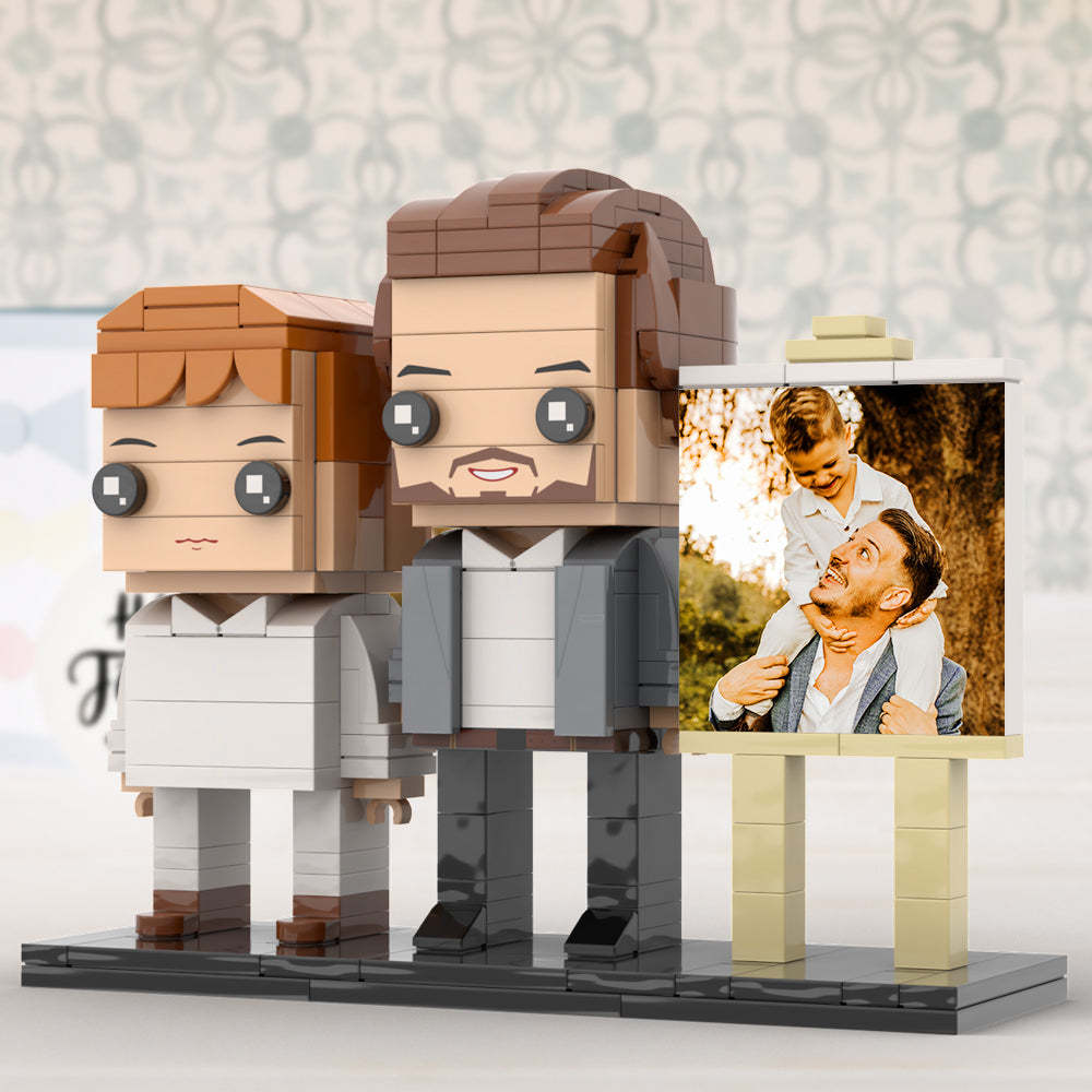 Full Body Customizable 2 People Little Son Sit On Daddy's Shoulder Photo Frame Personalized Custom Brick Figures Small Particle Block Toy Personalized For Father's Day - minebrickuk